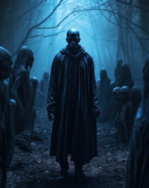 Man standing in scary dark forest