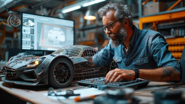 man standing in a server room looking at a tablet with a holographic projection of a car in front of him