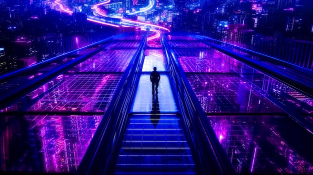 Man standing on set of stairs in front of city at night Generative AI