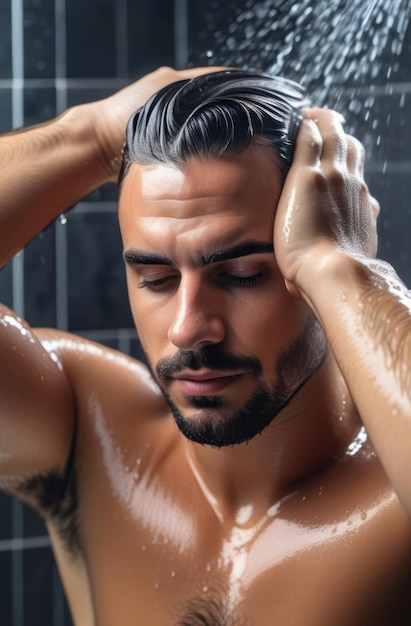 Man standing at the shower Guy washes himself and does a selfmassage of his head Mens self care