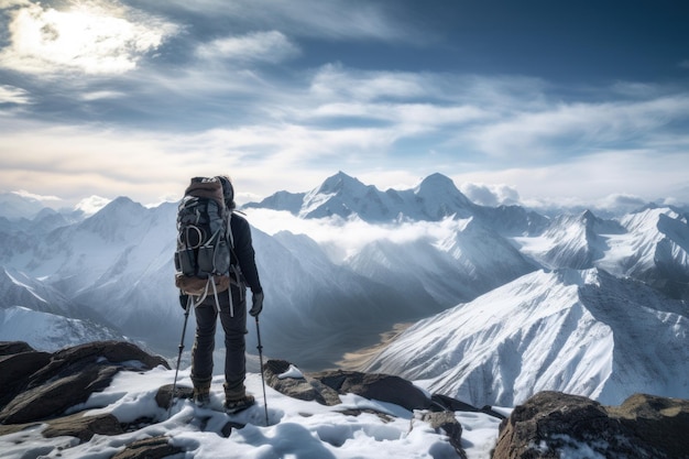 Man Standing on SnowCovered Mountain