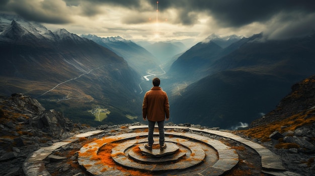 A man standing on a target of a mountain top