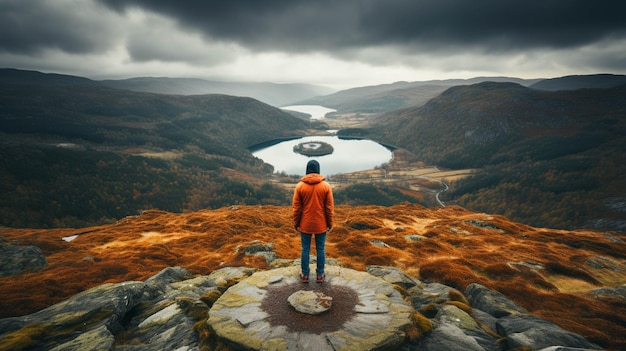 A man standing on a target of a mountain top