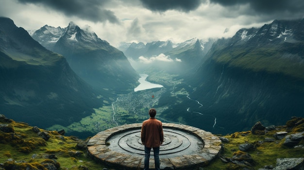 A man standing on a target of a mountain top