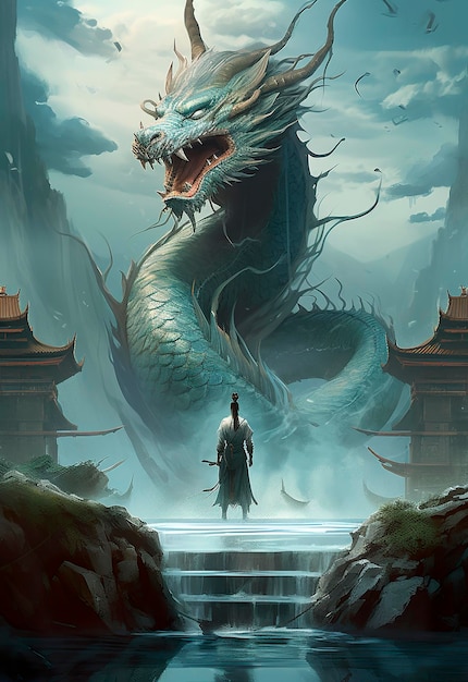 A man standing on top of a boat next to a dragon fantasy art very huge waves Chinese architecture anime cover standing in a maelstrom underwater temple generate ai