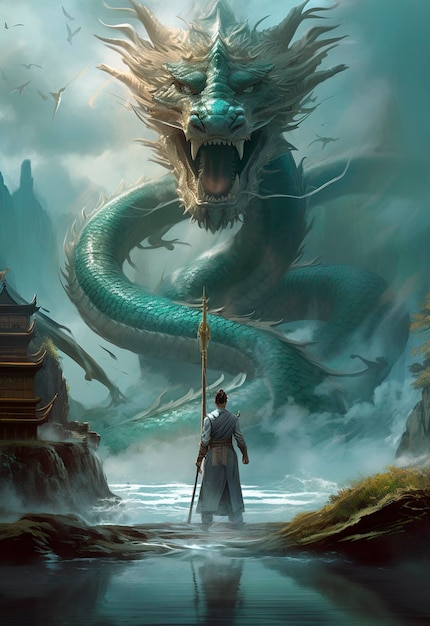 A man standing on top of a boat next to a dragon fantasy art very huge waves Chinese architecture anime cover standing in a maelstrom underwater temple generate ai