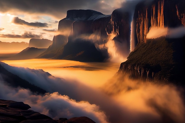 Man standing on top of a cliff next to a waterfall generative ai