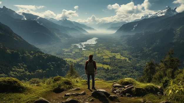 a man standing on top of a hill next to a forest