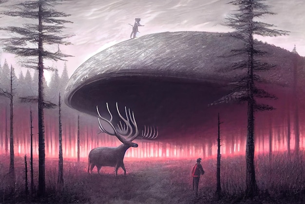 Man standing on top of a large rock next to a deer generative ai