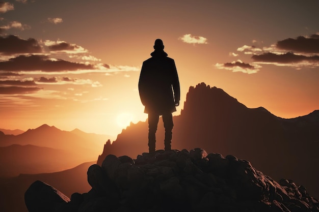 A man standing on top of a mountain as the sun sets Goals and achievements concept AI Generation