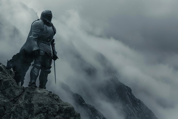 Photo a man standing on top of a mountain next to a dog