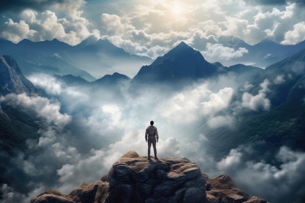 Man standing on top of a mountain and looking over the clouds a man standing top of the mountain AI generated