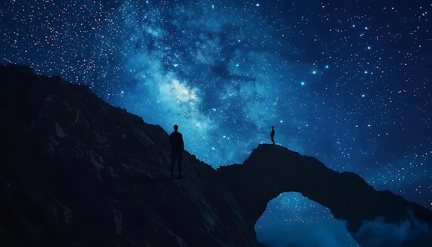 Photo man standing on top of mountain and looking at night starry sky