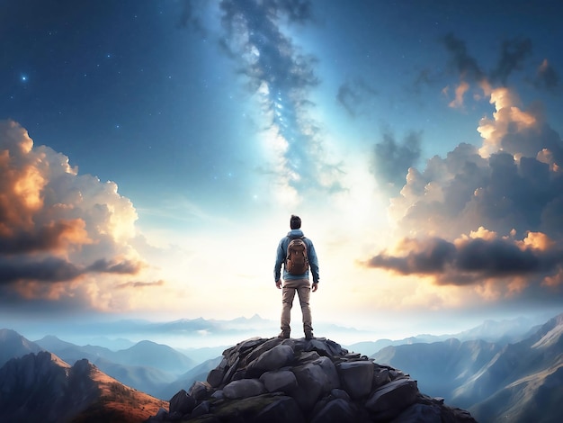 A man standing on top of a mountain looking at the sky Generative AI image