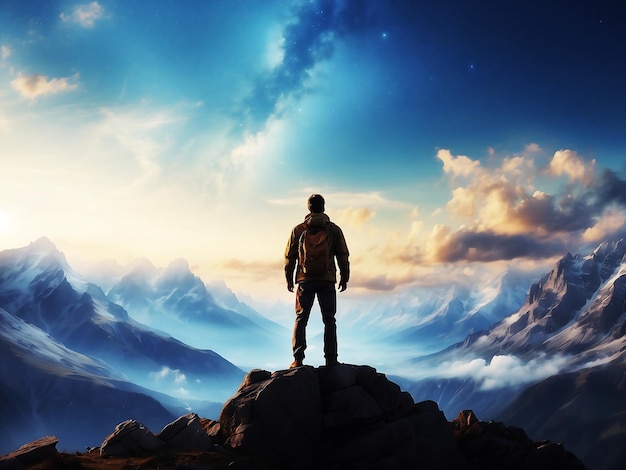 A man standing on top of a mountain looking at the sky Generative AI image