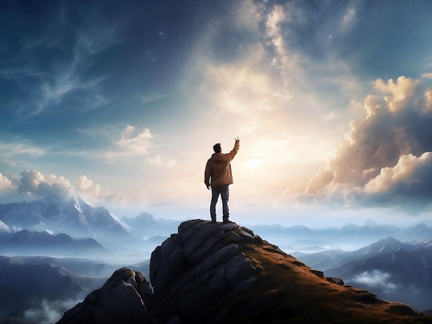 A man standing on top of a mountain looking at the sky Generative AI image