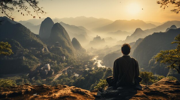 Man standing on top of a mountain and looking at the valleygenerative ai