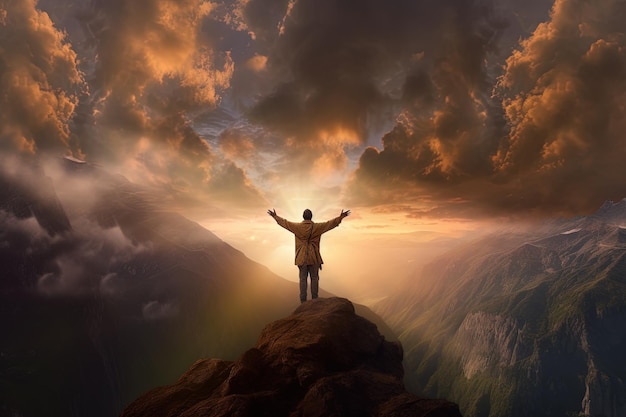 Man standing on top of the mountain and looking at the valleyThe man thank God on the mountain