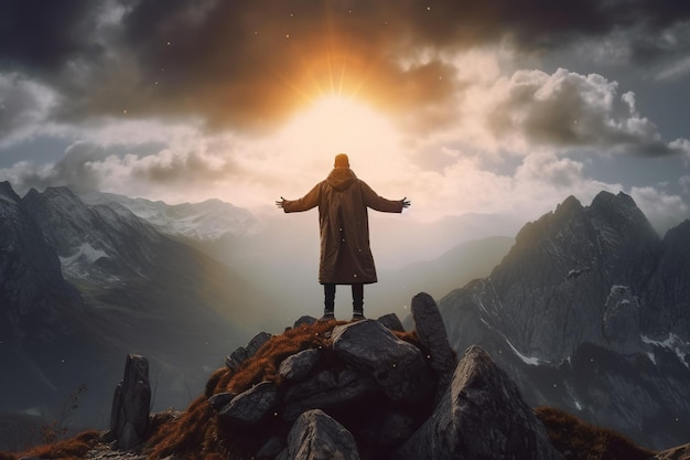 Man standing on top of the mountain and looking at the valleyThe man thank God on the mountain