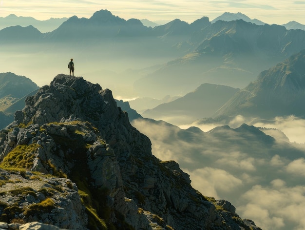 A man standing on top of the mountain overlooking the valley below him in a foggy morning in the st