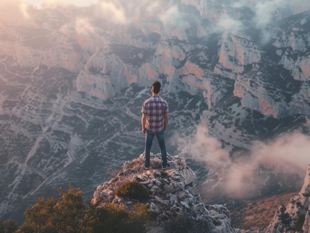 Photo a man standing on top of the mountain overlooking the valley below him in a foggy morning in the st