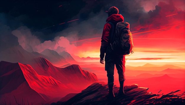 Man standing on top of a mountain with a backpack on his back and a sunset in the background behind him with a red sky and orange clouds and a red hued AI generative