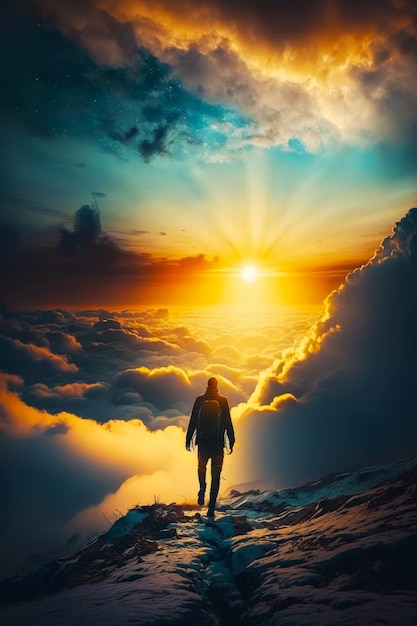 Man standing on top of mountain with the sun in the sky behind him Generative AI