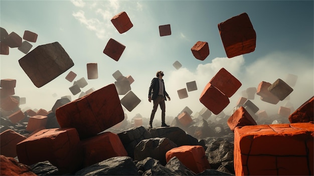 A man standing on top of a pile of blocks that say039s quot