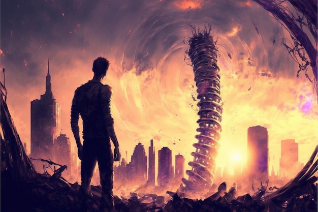 Man standing on top of a pile of rubble generative ai