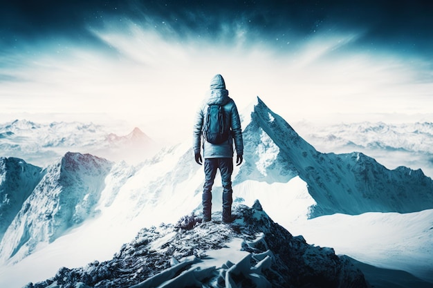 Man standing on top of snow covered mountain under cloudy sky Generative AI