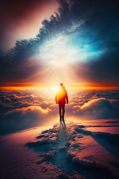 Man standing on top of snow covered slope under cloudy sky with the sun shining through the clouds Generative AI