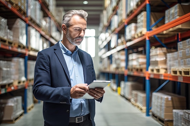 A man standing in a warehouse looking at a tablet