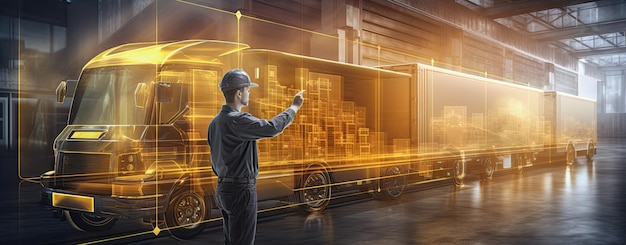 Man Standing in Warehouse next to Truck