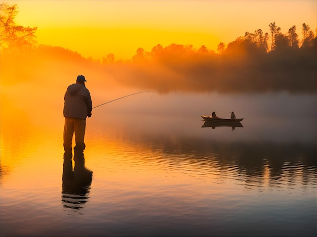 A man standing in the water fishing in a pond at the sunset