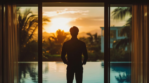 Photo man standing in window at luxury resort and hotel