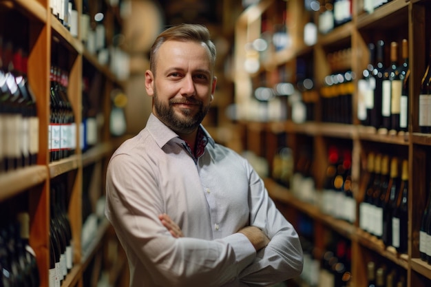 A man standing in a wine cellar smiling at the camera