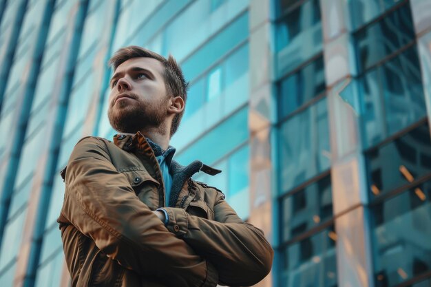 Photo man standing with arms crossed in front of building