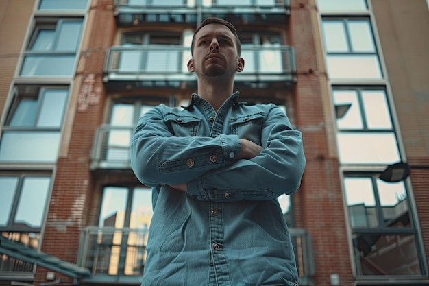 Photo man standing with arms crossed in front of building