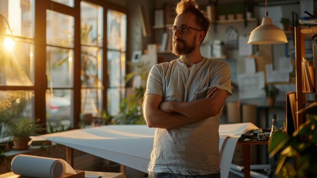 Photo man standing with arms crossed in room