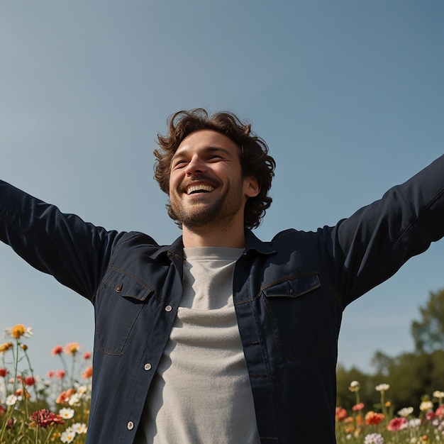 Photo man standing with arms wide open and big smile exuding joy and enthusiasm