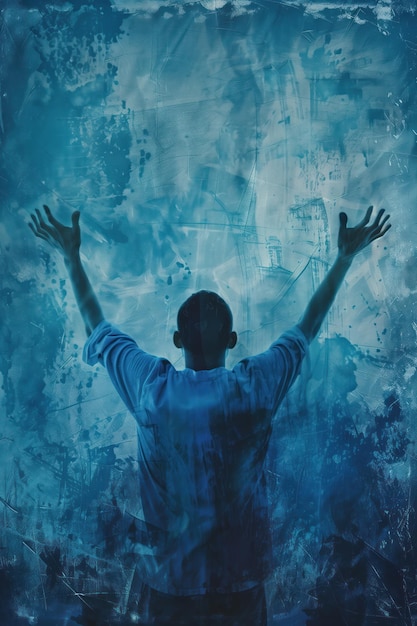 Man stands against blue wall with white splatters He wears a blue shirt and raises arms in