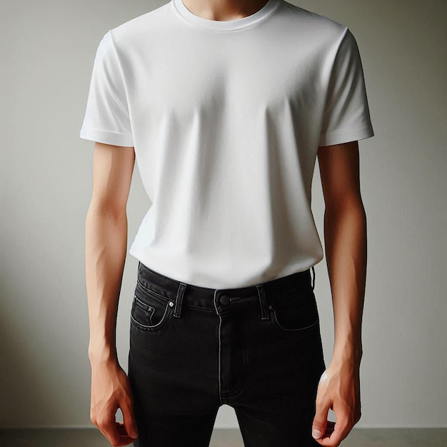 Photo a man stands against a brick wall wearing a plain white tshirt mockup