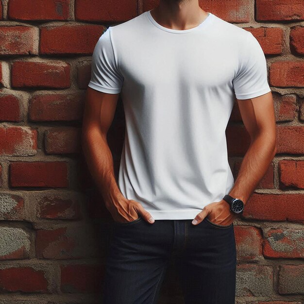 A man stands against a brick wall wearing a plain white tshirt mockup