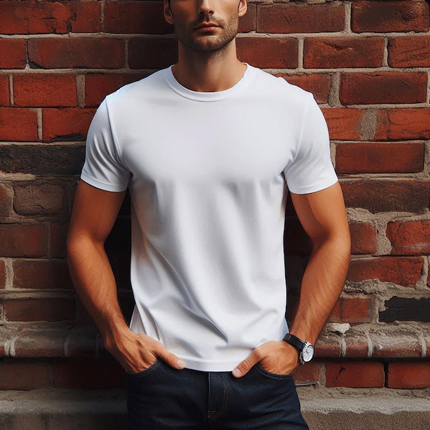 A man stands against a brick wall wearing a plain white tshirt mockup