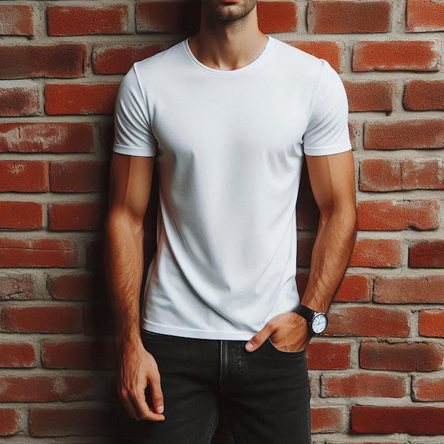 A man stands against a brick wall wearing a plain white tshirt mockup