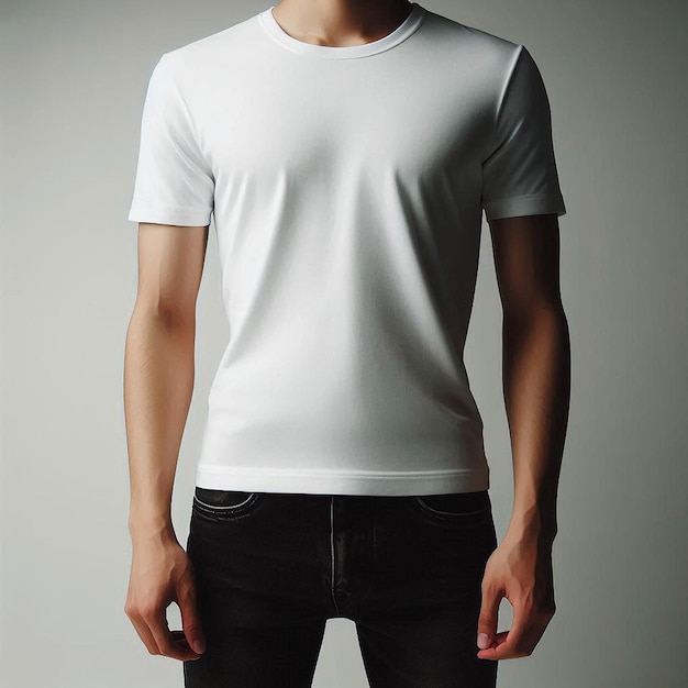 A man stands against a brick wall wearing a plain white tshirt mockup