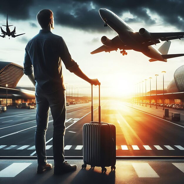 A man stands at the airport and watches a plane take offne generative ai