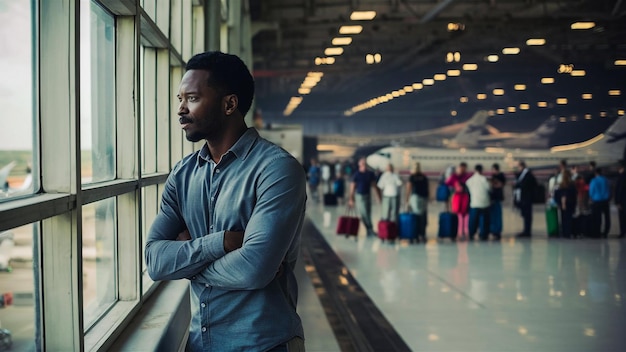 a man stands in an airport with his arms crossed