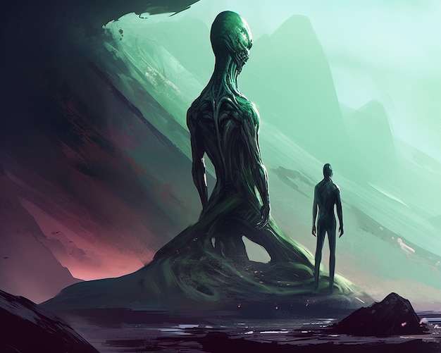 A man stands next to a alien looking at a giant alien