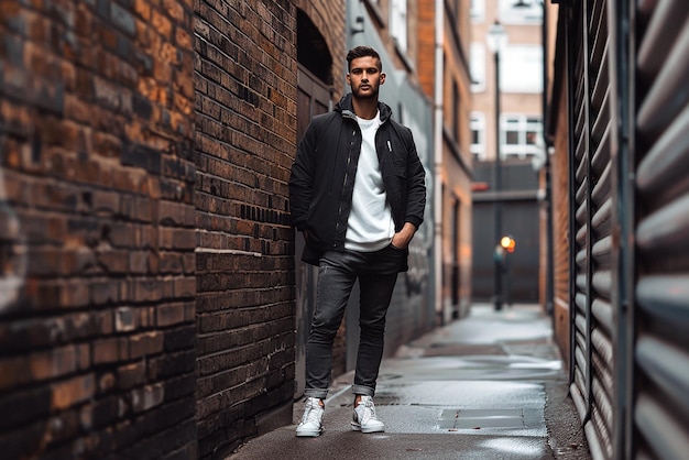 Photo a man stands in an alley in front of a brick wall